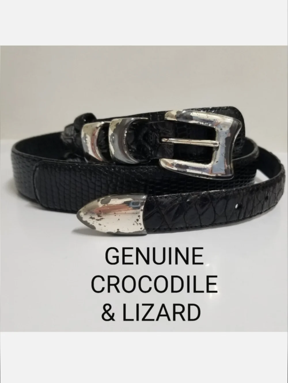 SANTORO Genuine Crocodile & Lizard Belt Burnished Metal Buckle Made in Spain 38